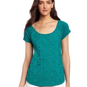 Lucky Brand Teal Amazon Lily Cut Out, Scoop Neck BOHO Tee, Large EUC